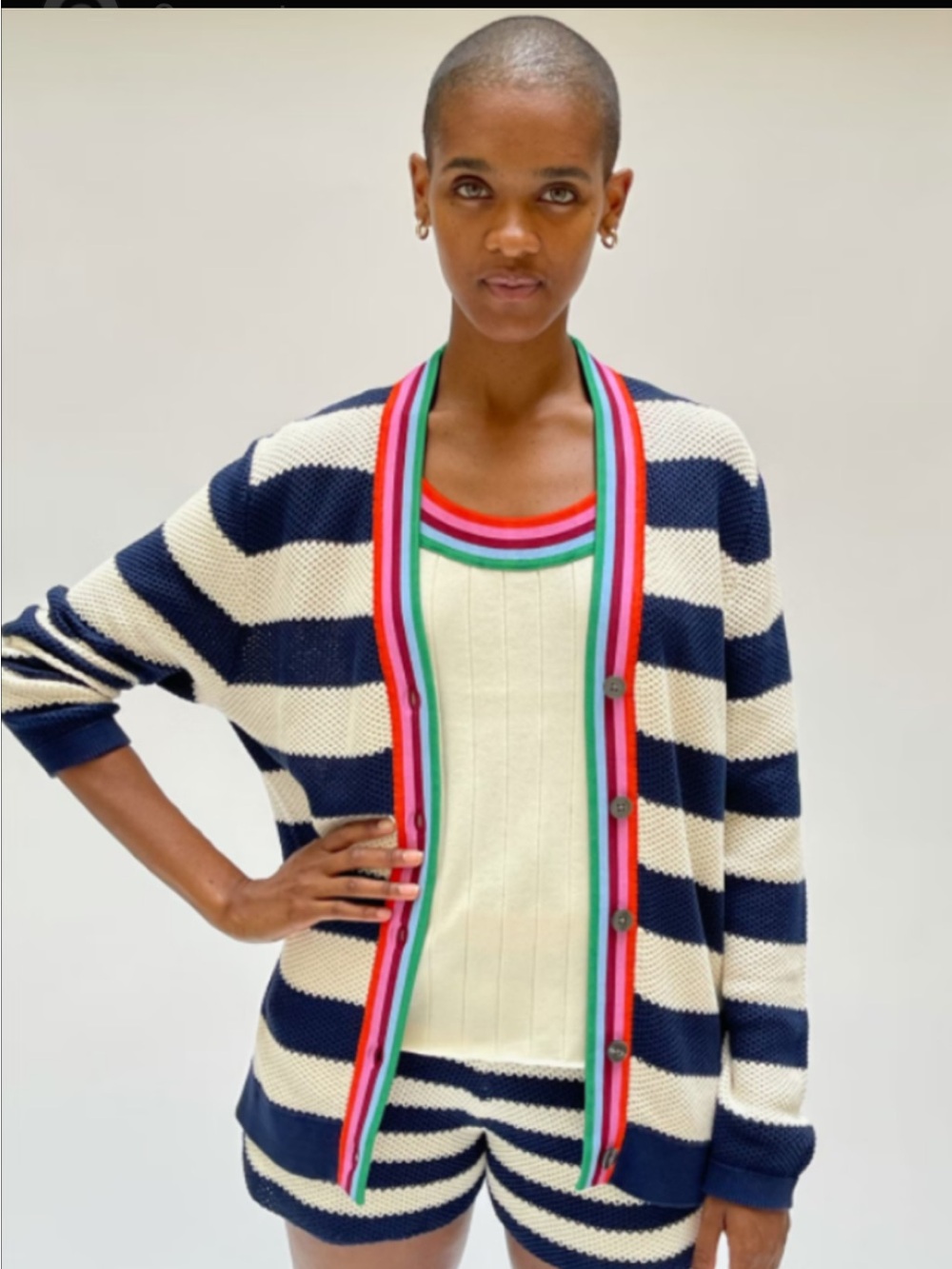 KULE raven  Navy and Cream Striped Cardigan with Multicolor Trim